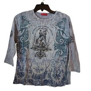 Gloria Vanderbilt Womens Equestrian Society Top Embellished 3/4 Sleeve Fairy